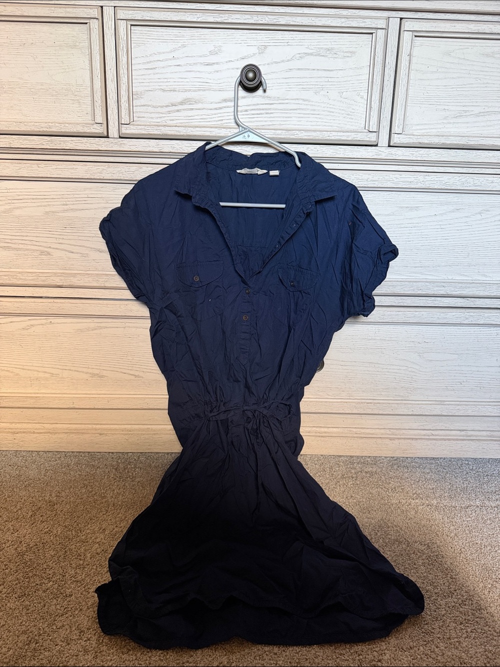 Women’s Navy Short-Sleeve Shirt Dress with Drawstring Waist